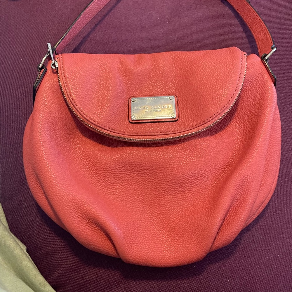 authentic Marc Jacobs crossbody, medium, pink/coral w/ silver. MJ card included.
